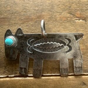 Vintage Fred Harvey Navajo Native Handmade Horse Dog SS Turquoise Charm Pendant